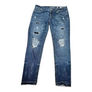Miss Me Skinny Mid-Rise Distressed Blue Denim Thrashed Whiskered Jeans Size 31